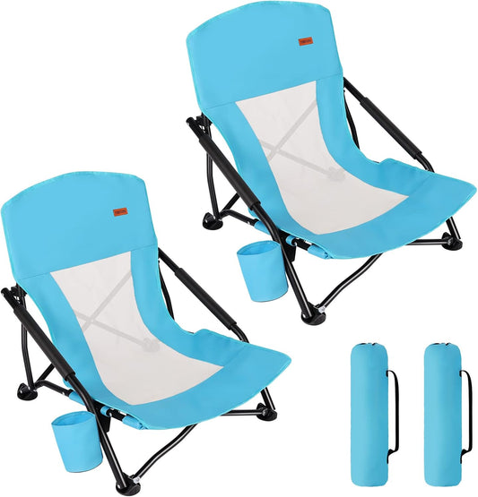 TOBTOS Low Beach Chair for Adults 2 Pack, Low Profile Folding with Cup Holder & Carry Bag, Heavy Duty Chair for Outdoor Sand, Camping, Concert, Travel