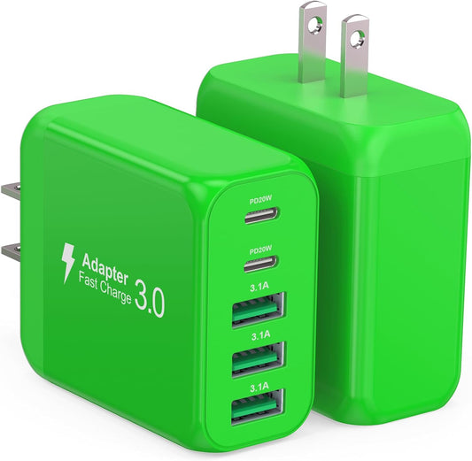 50W USB C Wall Charger Block,5-Port C Charger Fast Charging Block PD Power Adapter +QC Multiport Type C Box Charger Cube USB A Wall Plug for iPhone 14/15/16/17 Pro Max Plus,Samsung(Green)(2-Pack)
