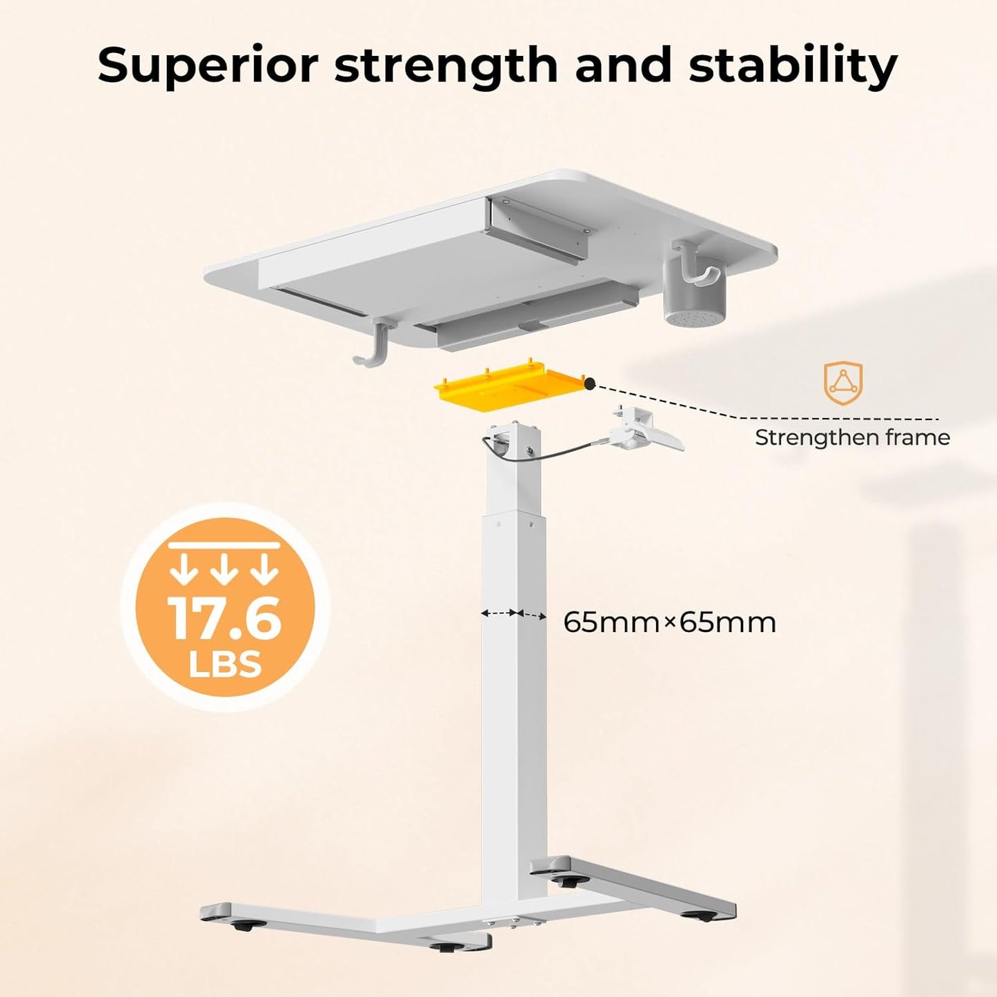Mobile Standing Desk with Drawer, 28" Rolling Desk with Cup Holder and Hooks, Portable Laptop Cart on Wheels, Height Adjustable Workstation with Storage for Home Office, White