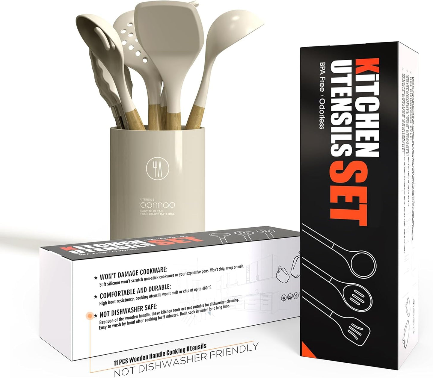oannao Silicone Cooking Utensils Set - 446°F Heat Resistant Silicone Kitchen Utensils for Cooking,Kitchen Utensil Spatula Set w Wooden Handles, BPA FREE Gadgets for Non-Stick Cookware (Khaki)