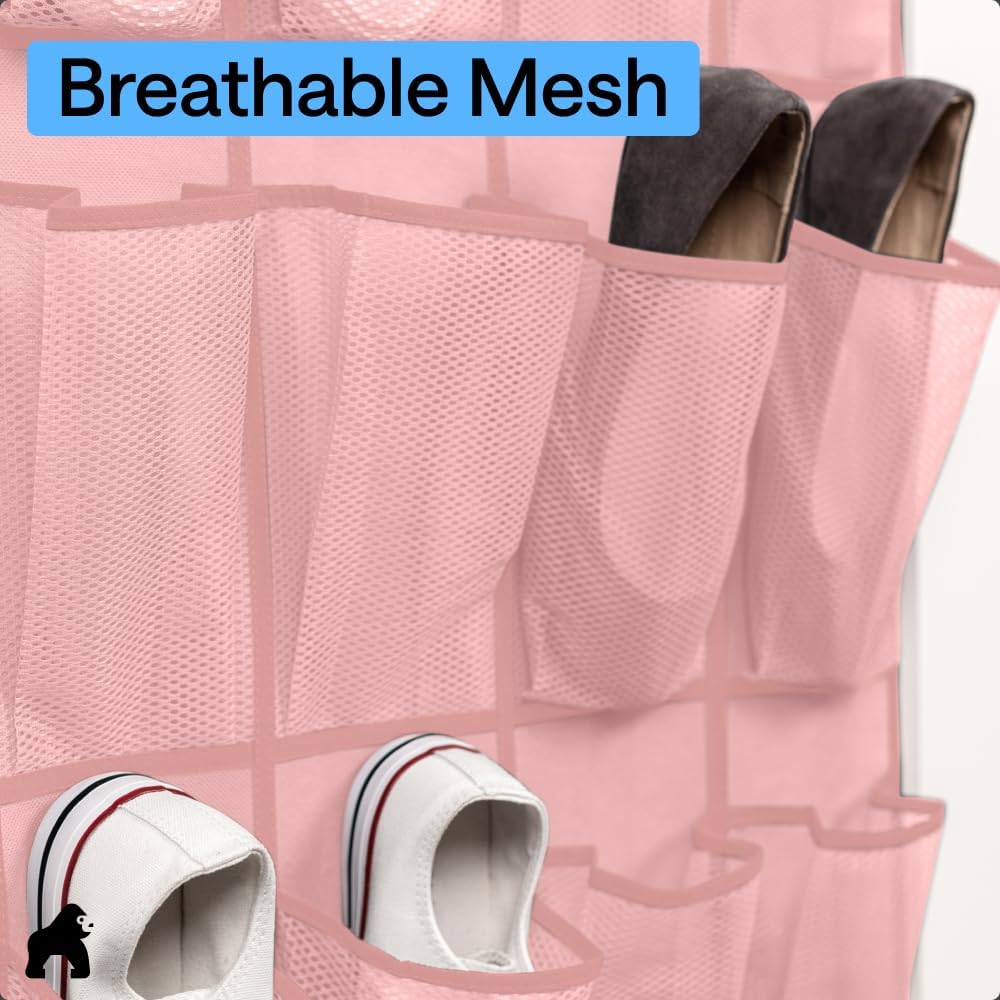 GORILLA GRIP Over the Door Shoe Organizer, 24 Large Breathable Mesh Pockets, Space Saving Hanging Storage Holder, Closet Rack Hanger Holds Up to 40 lbs, Hangs on Closets for Shoes, Accessories, Pink