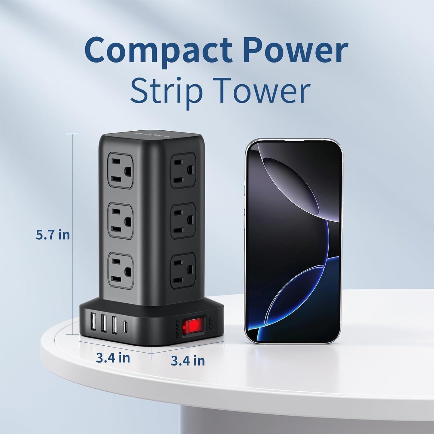 AnnTane Power Strip 6.5 FT Cord, Power Strip Tower with 4 USB Ports (1USB C), Extension Cord with 12 AC Multiple Outlets, Home Office Supplies Desk Accessories, Dorm Room Essentials