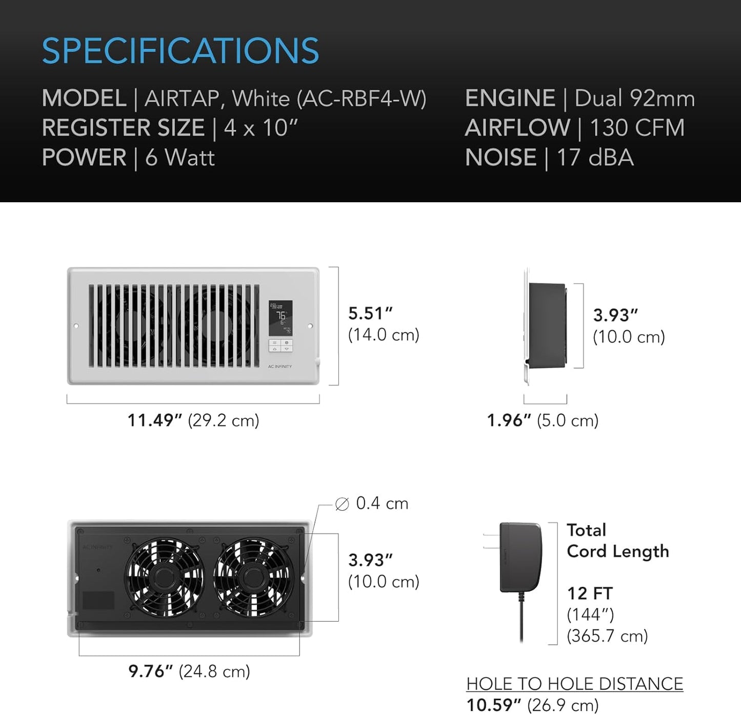 AC Infinity AIRTAP T4 White, Register Booster Fan for 4” x 10” Vents, Thermostat Control Improves Heating & Cooling, Quiet 10-Speed Remote Control & Bluetooth App. ONLY FITS 4” x 10” Duct Openings