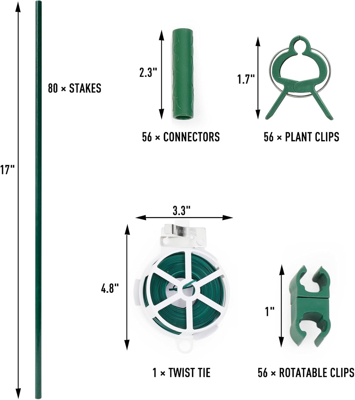 MAXPACE 249pcs Garden Stakes Kit: Includes 80 Sets of Fiberglass Plant Sticks Supports & Accessories for DIY 4ft, 5ft, 6ft, 7ft Stakes for Tomato, Vegetables, Indoor & Outdoor Gardening Supplies