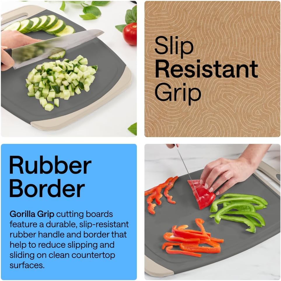 GORILLA GRIP BPA-Free Reversible Kitchen Cutting Board Set of 3, US Designed, Nonporous, Juice Grooves Catch Liquid, Slip Resistant Border, Dishwasher Safe, Durable Food Chopping Boards, Gray Almond