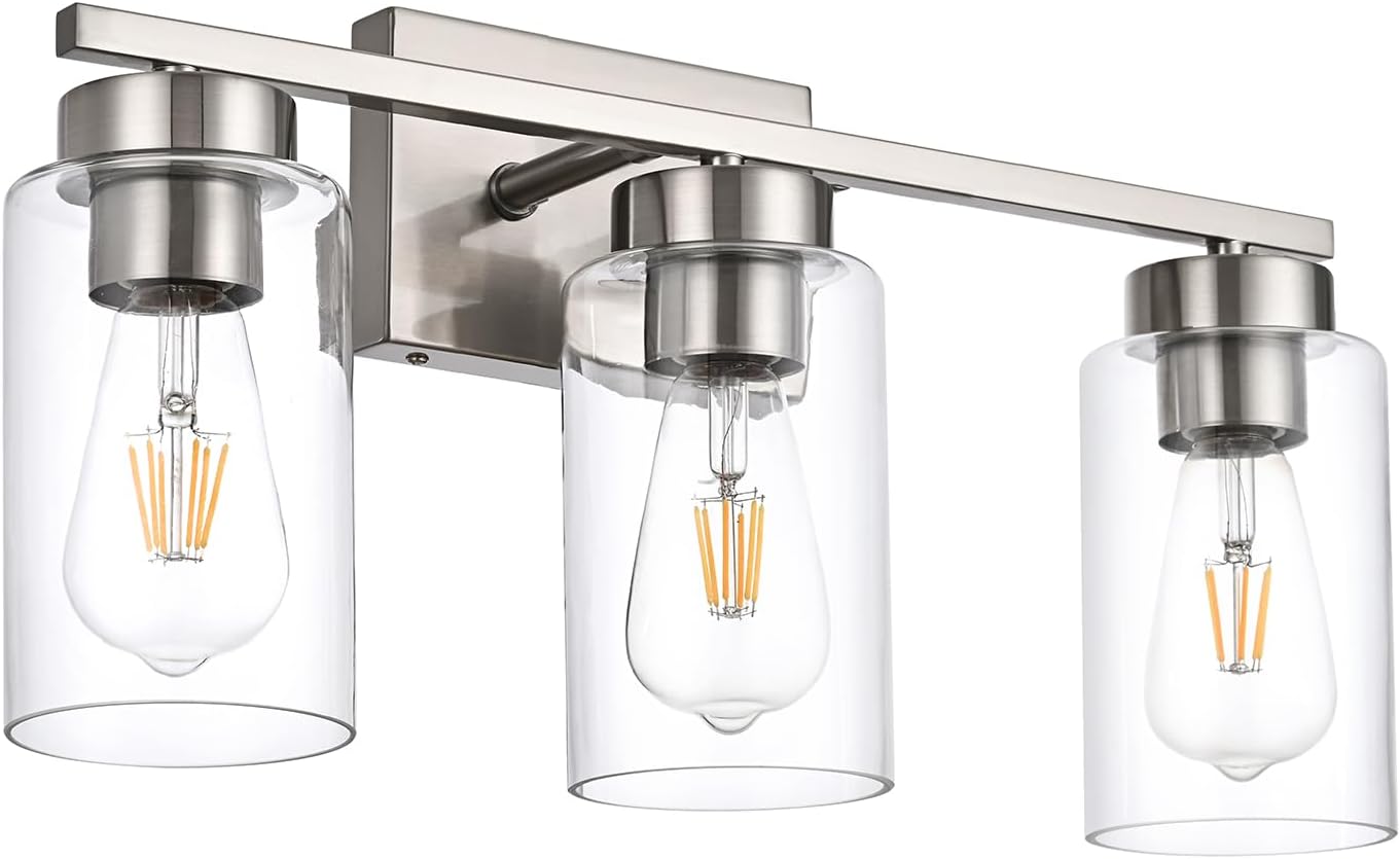 3-Light Bathroom Vanity Light, Modern Brushed Nickel Wall Lights with Clear Glass Shades, Bathroom Wall Sconce Lamp for Mirror Living Room Bedroom Hallway