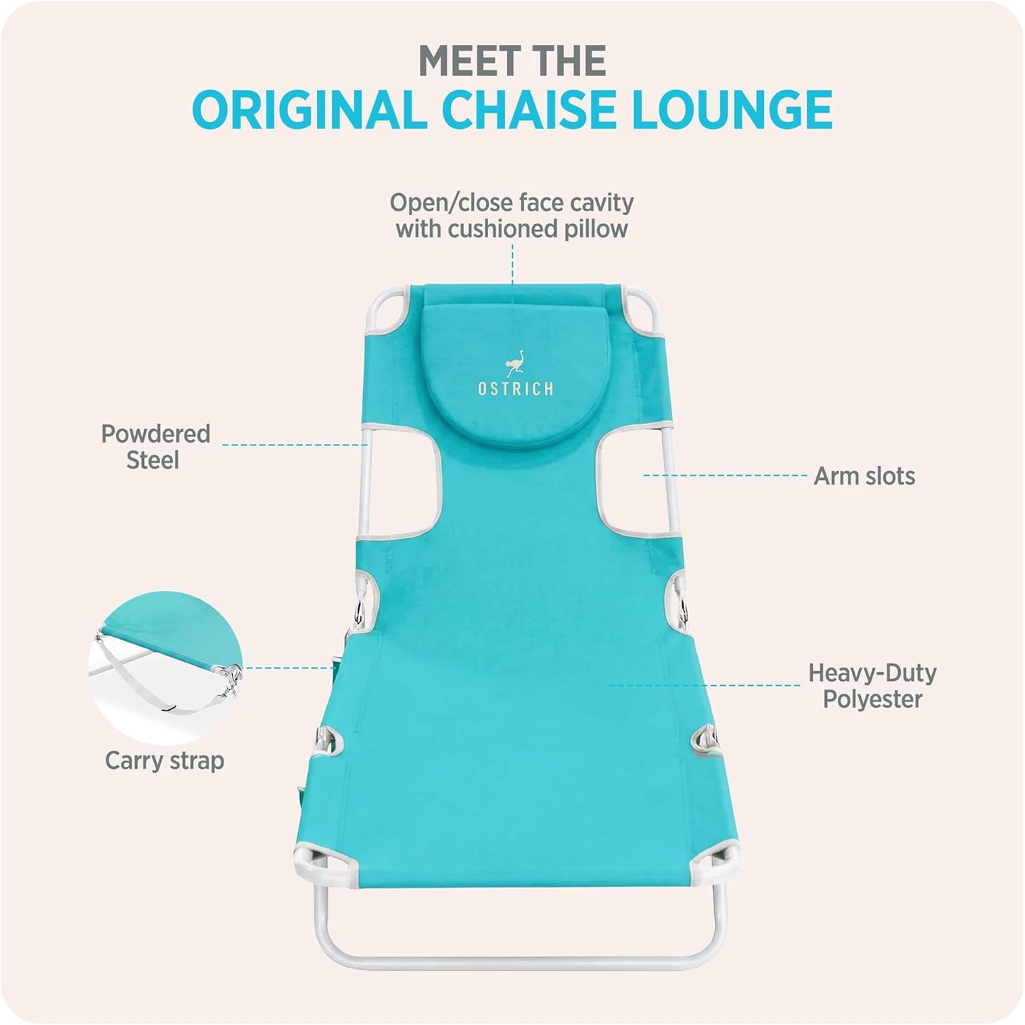 Ostrich the Original Chaise 72 x 22 Inch Lounge Portable Reclining Lounger, Outdoor Patio, Beach, Lawn, Camping, or Pool Tanning Chair, Aqua