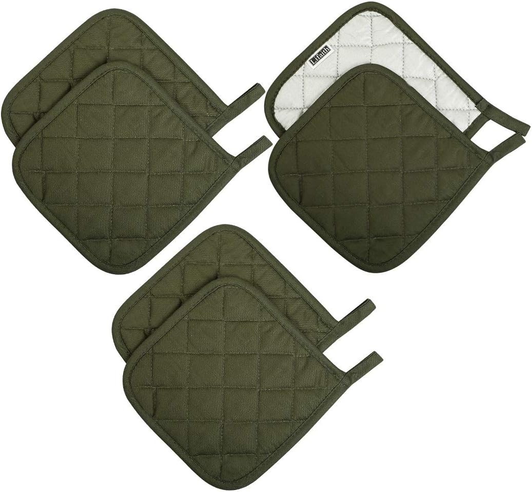 100% Cotton Potholders Kitchen Everyday Basic Terry Pot Holder Heat Resistant Large Coaster Hot Pads Kit Trivets Set for Cooking and Baking Set of 6 Olive Green
