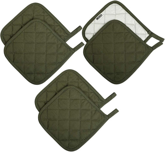 100% Cotton Potholders Kitchen Everyday Basic Terry Pot Holder Heat Resistant Large Coaster Hot Pads Kit Trivets Set for Cooking and Baking Set of 6 Olive Green