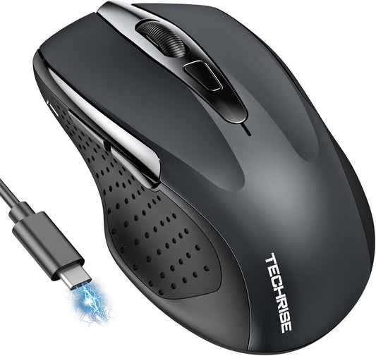 TechRise Bluetooth Mouse (BT5.0/3.0 & 2.4G) Rechargeable Wireless Mouse, 4800 DPI Optical Tracking, 6 Adjustable DPI, 2.4GHz with USB A Receiver, Quiet Clicks, Ergonomic Grips, 6 Buttons - Grey