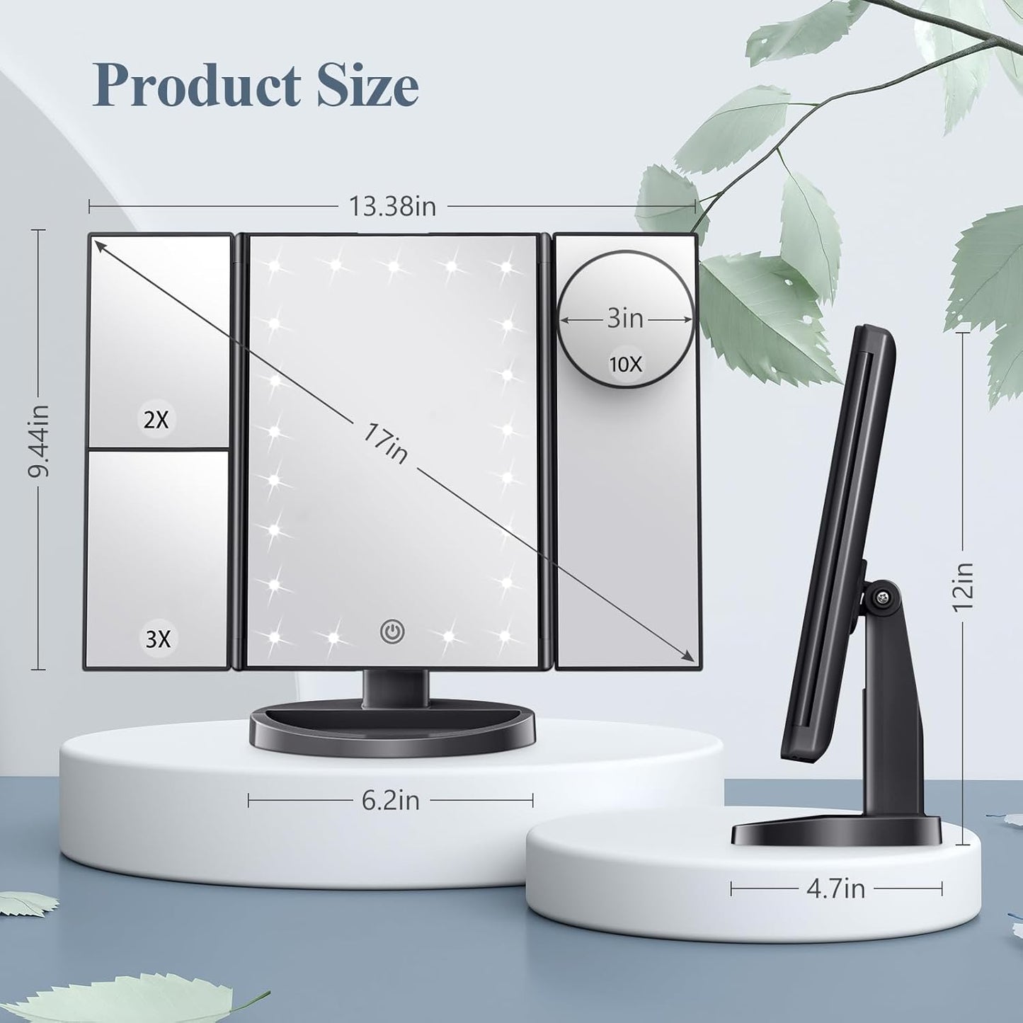 HUONUL Makeup Mirror, Vanity Mirror with Lights, 2X/3X/10X Magnification, Touch Control, Trifold, Dual Power Supply, Birthday Gifts for Women, Wife, Mom, Girls,Dorm Room Essentials