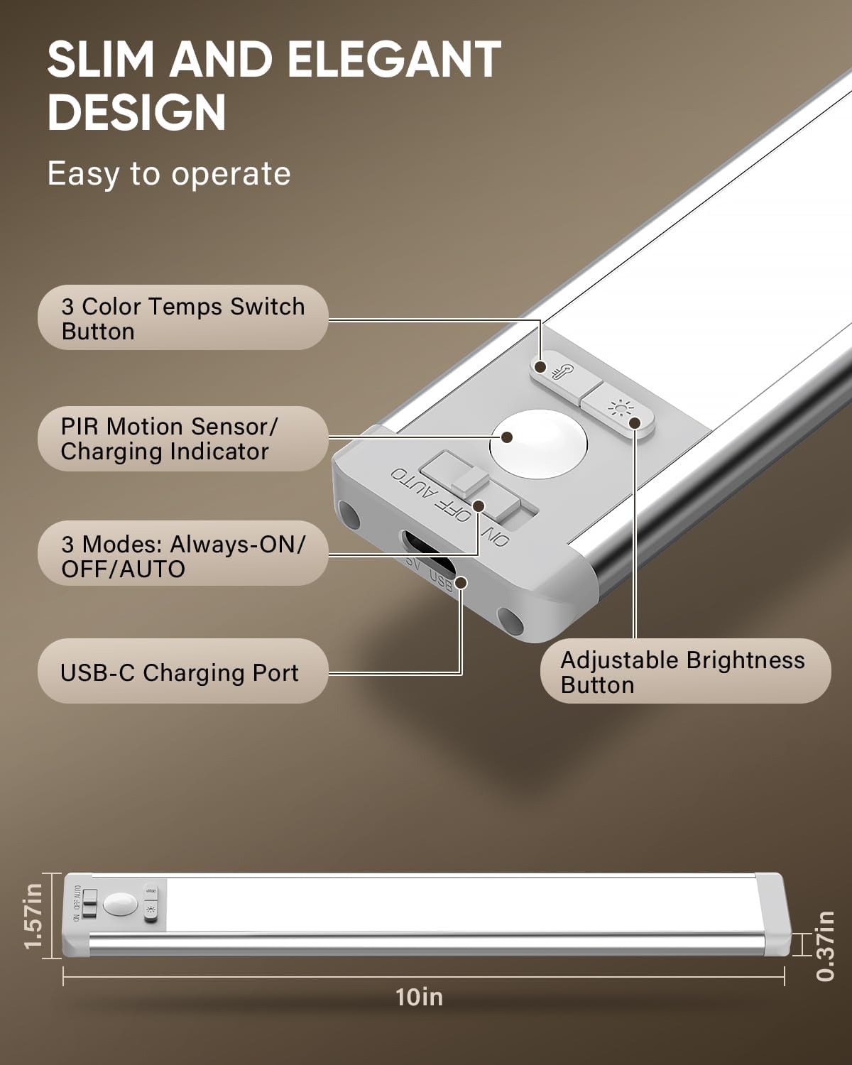 MCGOR 3 Pack 10inch Under Cabinet Lighting, Rechargeable Motion Sensor Light Indoor with 3 Color Temps, Dimmable Magnetic Led Closet Lights, Wireless Under Counter Lights for Kitchen, Stairs