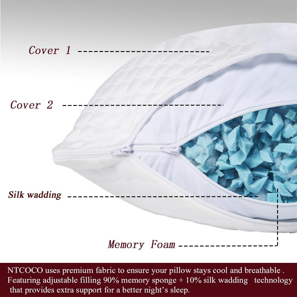 NTCOCO Shredded Memory Foam Bed Pillows for Sleeping Queen Size Set of 2,with Washable Removable Hypoallergenic Sleep Pillow for Back and Side Sleeper