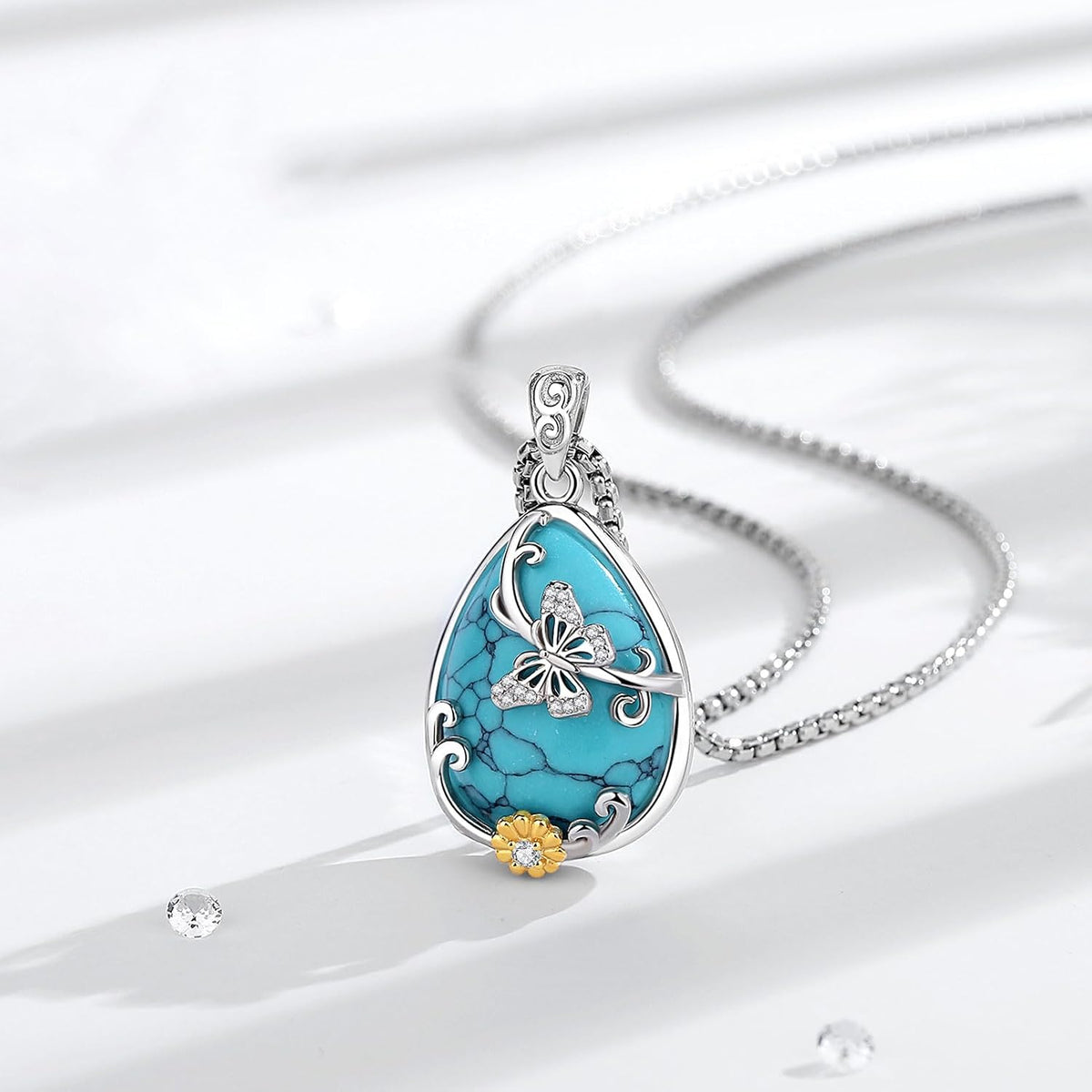 EUDORA Moonstone Turquoise Necklace for Women S925 Sterling Silver, Angel Tears Water Droplets Pendant Grandma Necklace Jewelry for Women Gifts for Mother in Law Mothers Day Gifts for Mom, 20"