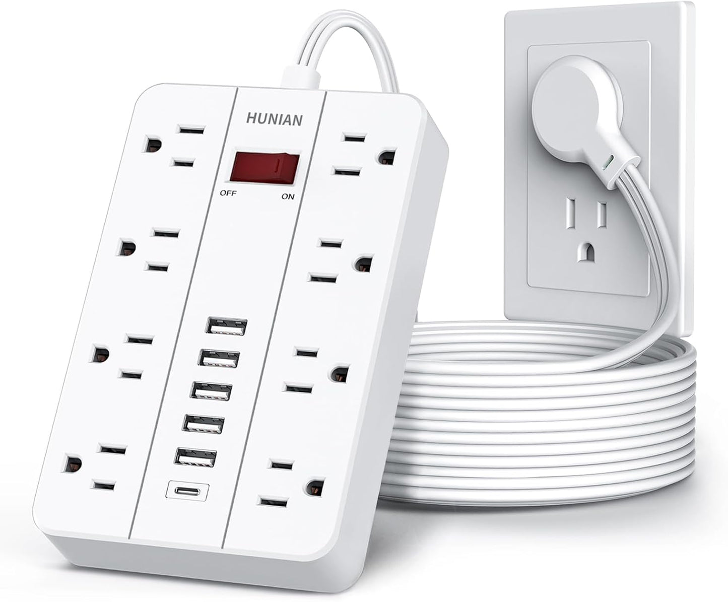 Power Strip with USB, Flat Plug Extension Cord with Multiple Outlets 5 Ft, HUNIAN Power Strip with 8 Widely Spaced Outlets 6 USB Charger (1 USB C Port), Desk Charging Station for Home Office, White