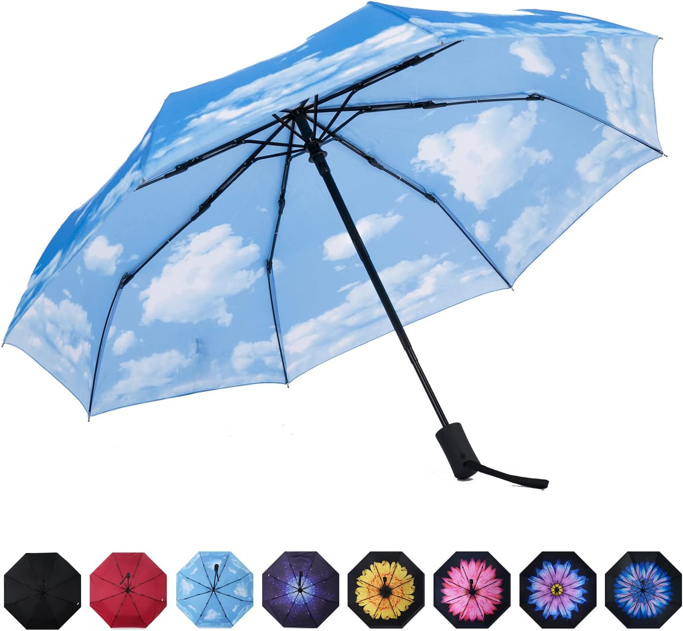 SY COMPACT Travel Umbrella - Windproof Automatic Compact Umbrella for Rain, Lightest 8-Rib, Small, Strong & Portable, Durable Grip, Fits Backpack & Car, Factory Direct (UV Available)