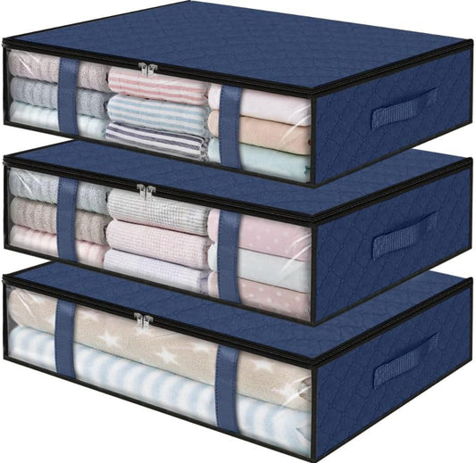 StorageRight Under Bed Storage Bags 3 Pack, 40L Large Clothes & Comforter Storage Containers with Clear Window, Breathable Fabric Organizer for Blankets, Bedding, Seasonal Clothing, Blue