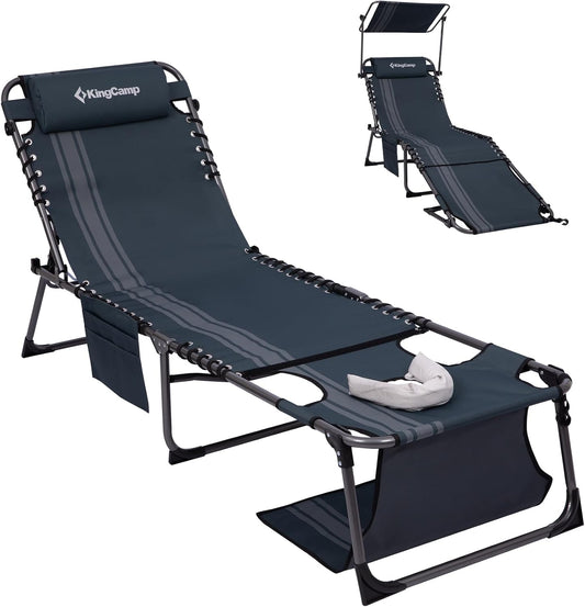KingCamp Lounge Chair with face Hole & Canopy Shade, 400LBS Folding Portable Tanning Chair with face Hole, Adjustable 5-Position Foldable Beach Sun Tanning Chair for Outside Beach Patio Outdoor Pool