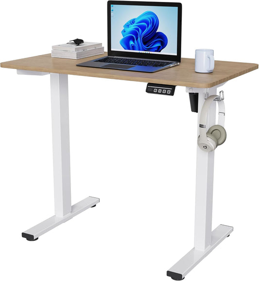 LongKe Electric Standing Desk Adjustable Height, 40x24 Inches Sit Stand up Desktop for Home Office, Ergonomic Rising Computer Table with Memory Preset, Yellow Beams