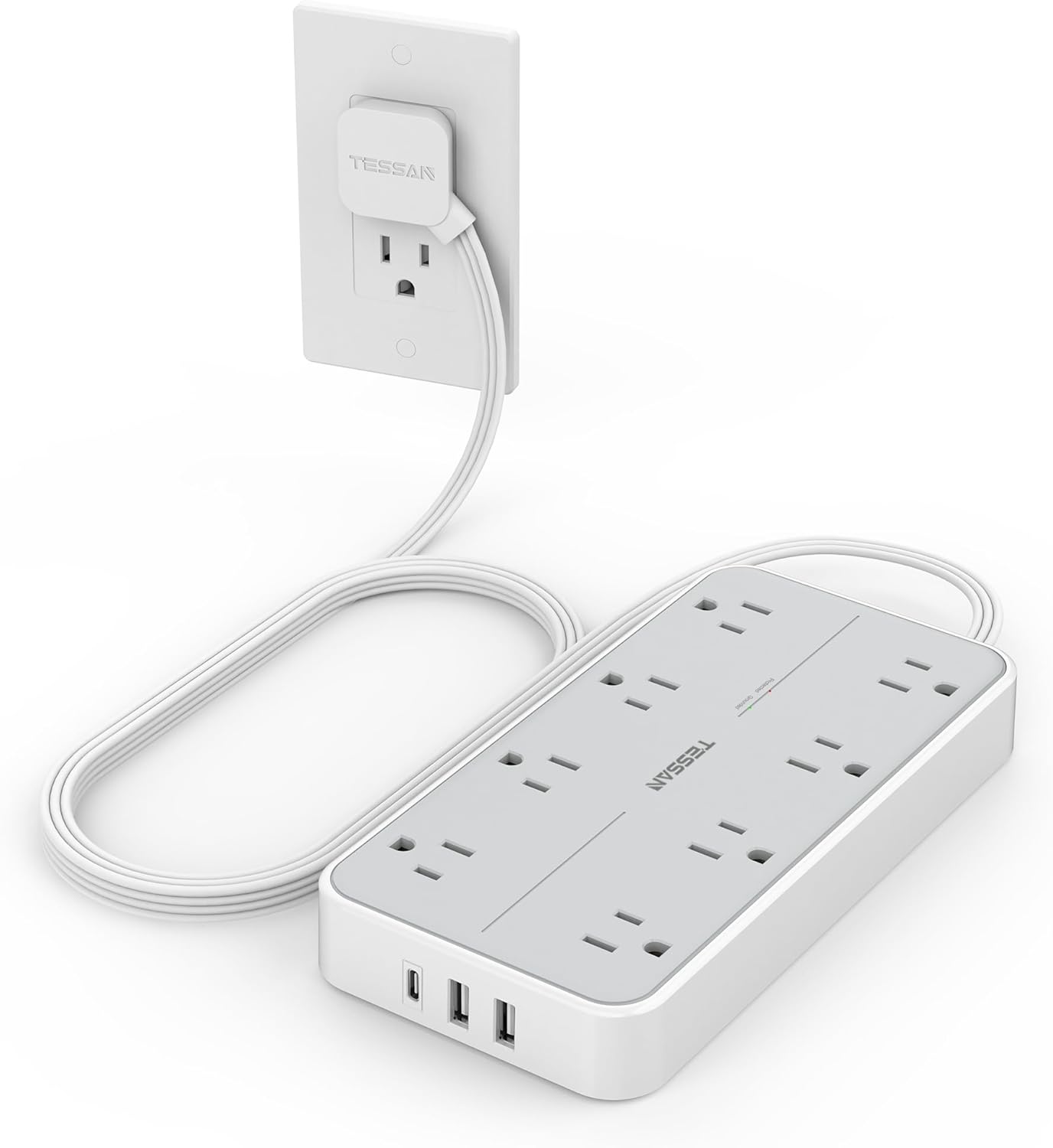 TESSAN Power Strip Surge Protector, Flat Plug Extension Cord with 8 Outlets 3 USB Charger(1 USB C), 1080 Joules Protection, Wall Mountable Charging Station for Home Office School Dorm Room Essentials