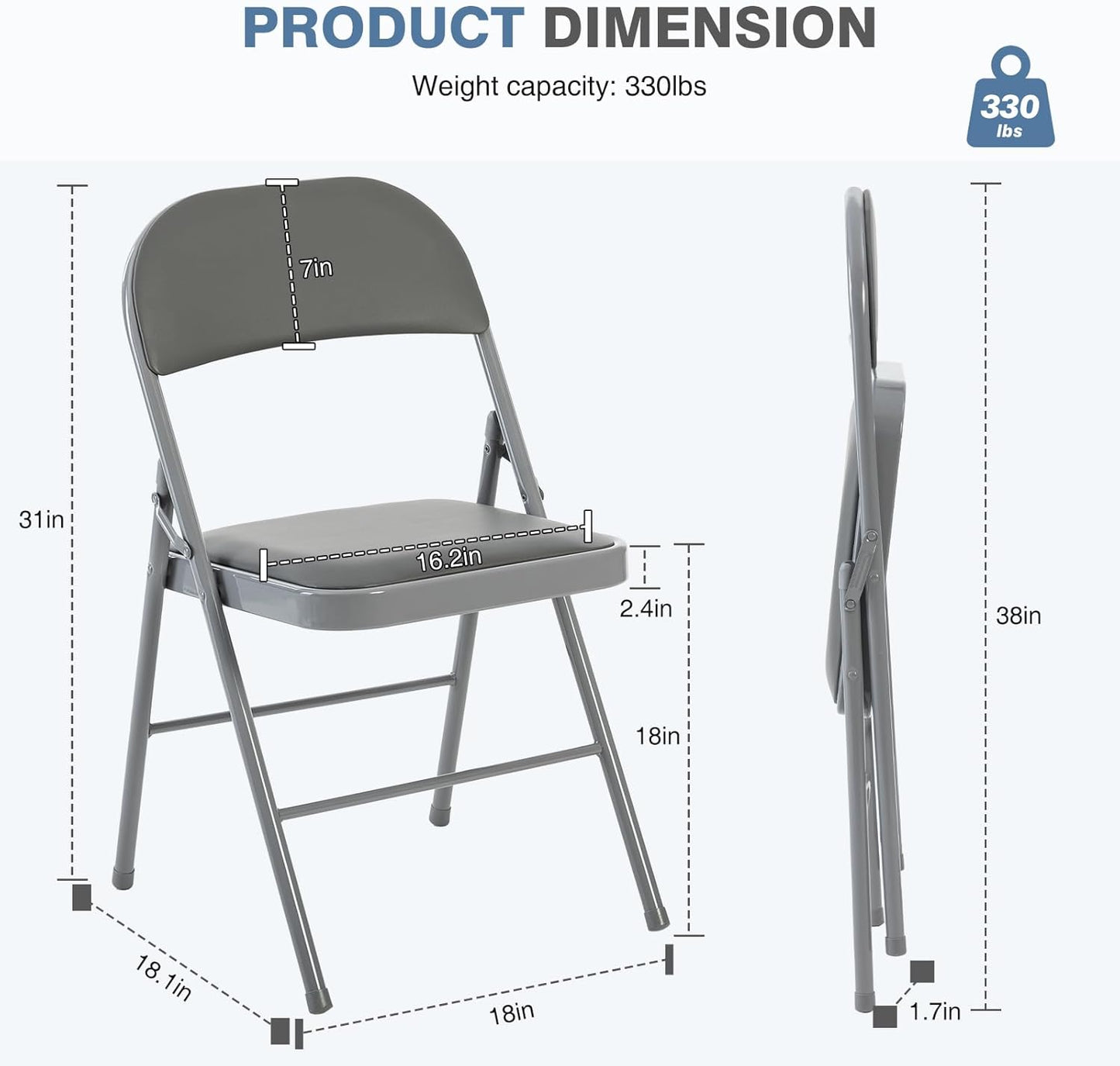 DUMOS 2 Pack Folding Chairs with Padded Cushion and Back - PU Leather Stackable Portable Dining Chairs Set, for Home and Office, Conference, Wedding, Party, Patio, Garden, for Indoor Outdoor, Grey