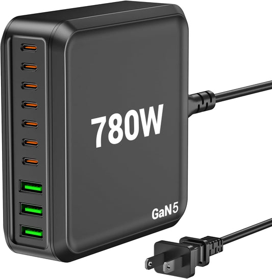 780W USB C Charger Block Fast 10-Port USB C Charging Station GaN PD 120W Laptop Charger Adapter for MacBook Pro/Air, DELL, iPad, iPhone, Samsung Galaxy Black