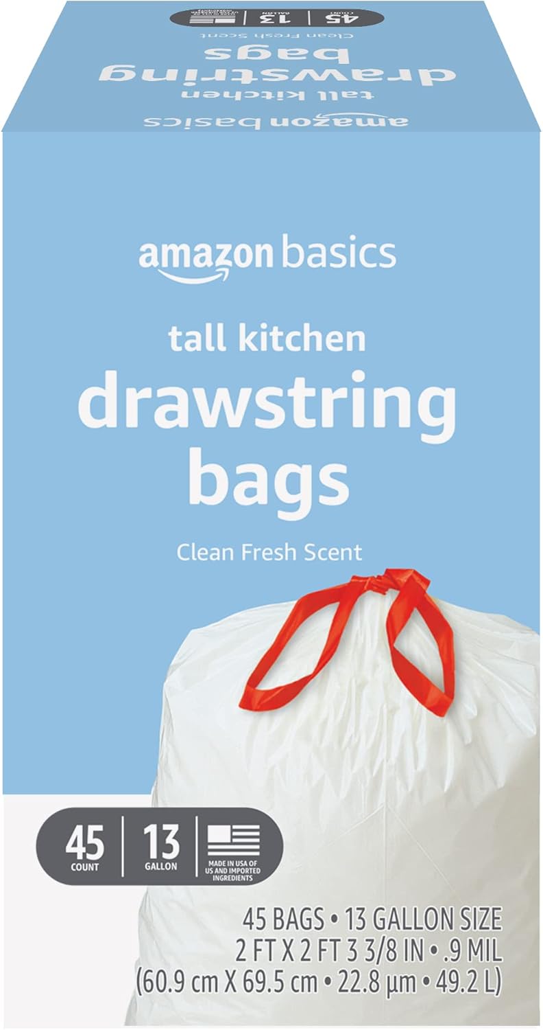 Amazon Basics Tall Kitchen Drawstring Trash Bags, Sturdy and Tear Resistant, 13 Gallon, Unscented, 120 Count