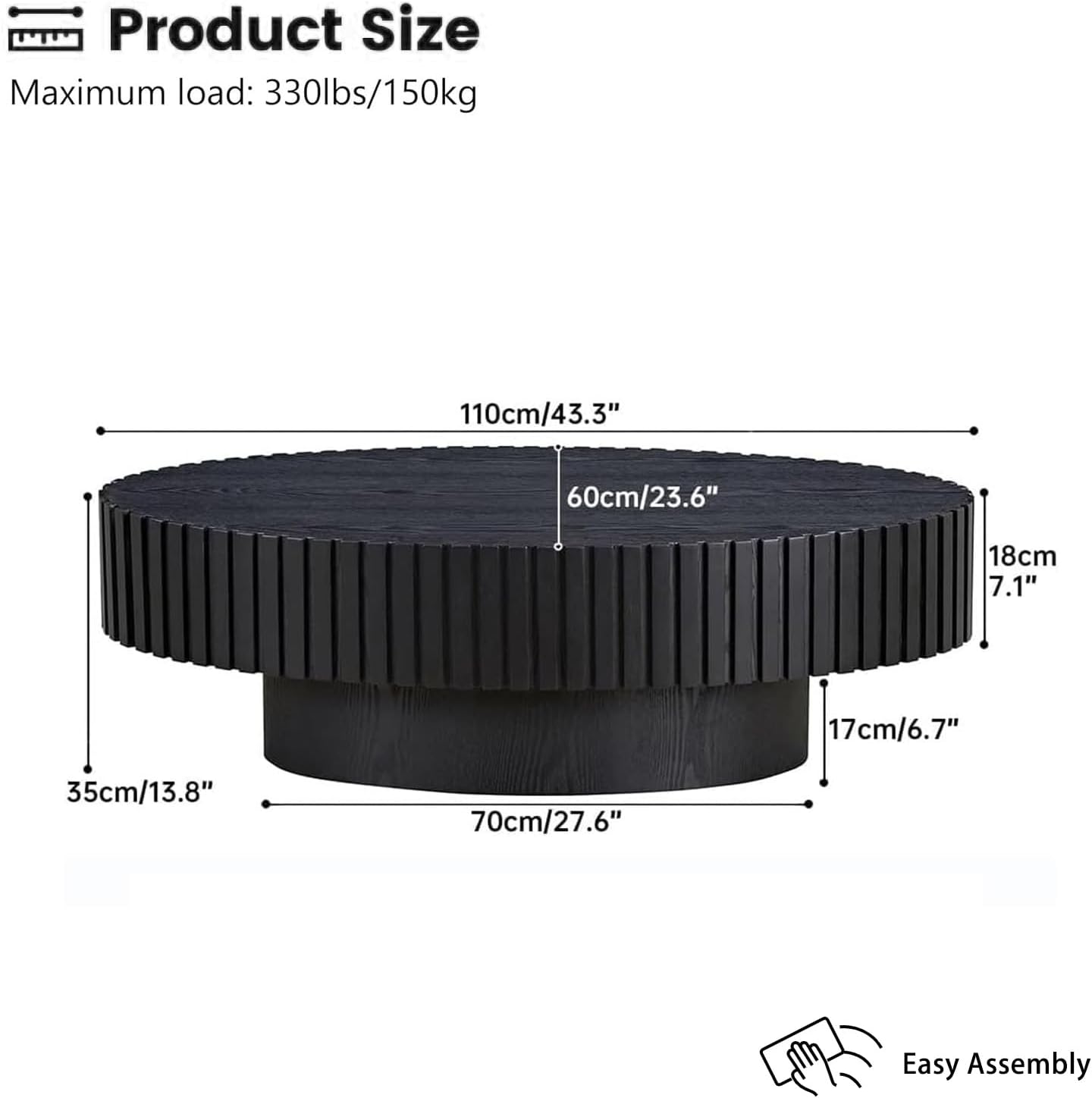 Handmade Oval Grooved Drum-Shaped Coffee Table (C Black 43in) | Rustic Modern Circular Centerpiece for Living Room & Farmhouse Decor, Easy to Clean
