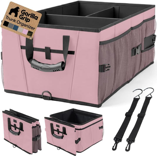 GORILLA GRIP Trunk Organizer for SUV and Cars, Large Capacity Collapsible Car Trunk Storage Organizer, Heavy Duty Car Accessories, Gifts for Mom and Dad, Slip & Water Resistant Multi Compartment, Pink