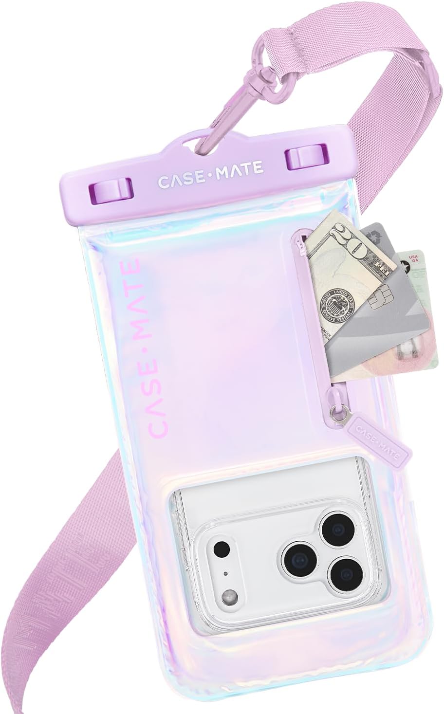 Case-Mate Soap Bubble IP68 Waterproof Phone Pouch with Zip Pocket for 3 Cards & Cash - Large Floating Phone Case w/Crossbody Lanyard - Cruise Travel Essentials Compatible w/All Devices - Iridescent