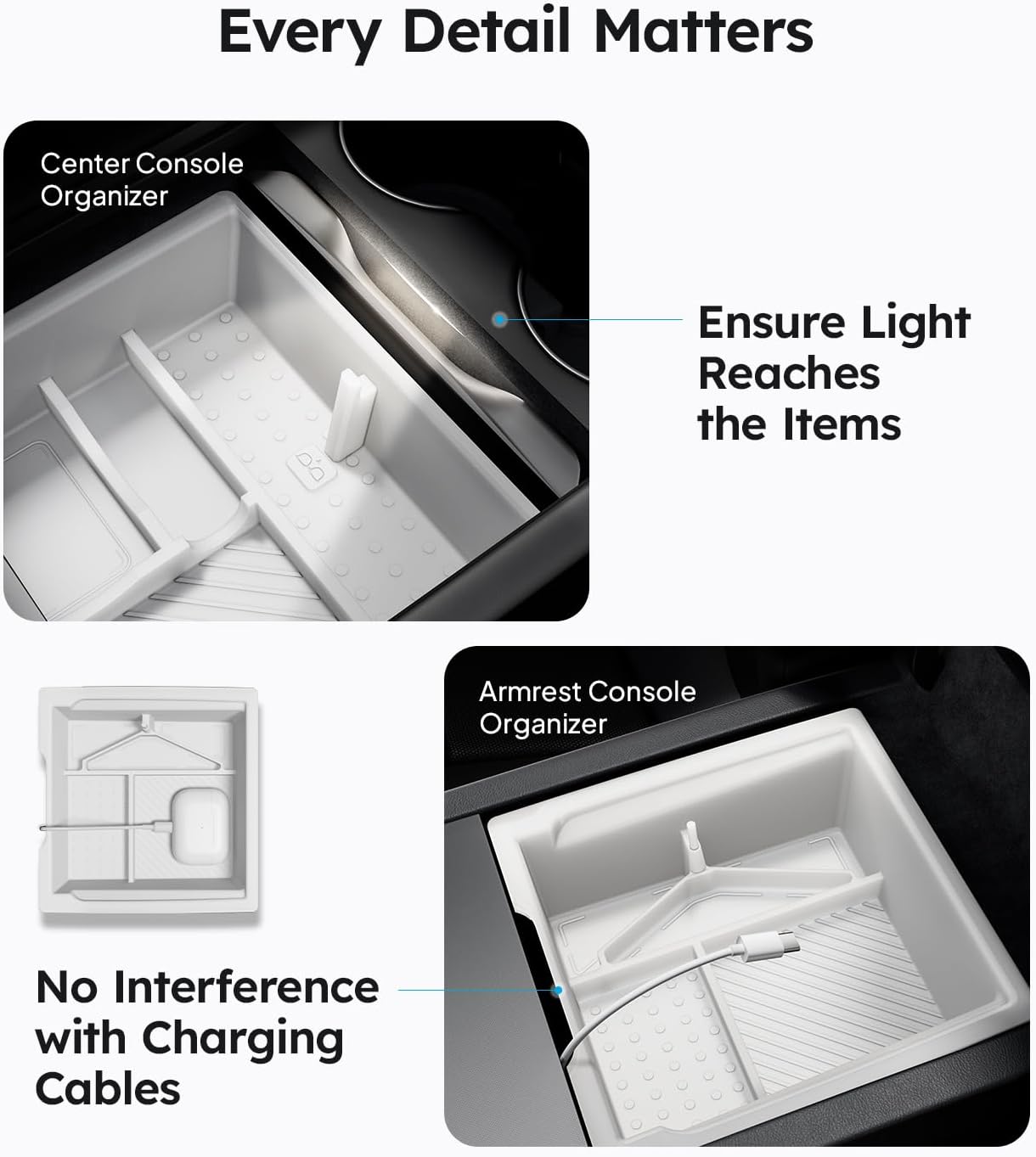 Wigoo Center Console Organizer for Tesla Model Y Juniper (Only Premium & Performance 2025 2026) and All Model 3 Highland Accessories [Double-Layer Storage, Smooth Sliding] 4PCS White