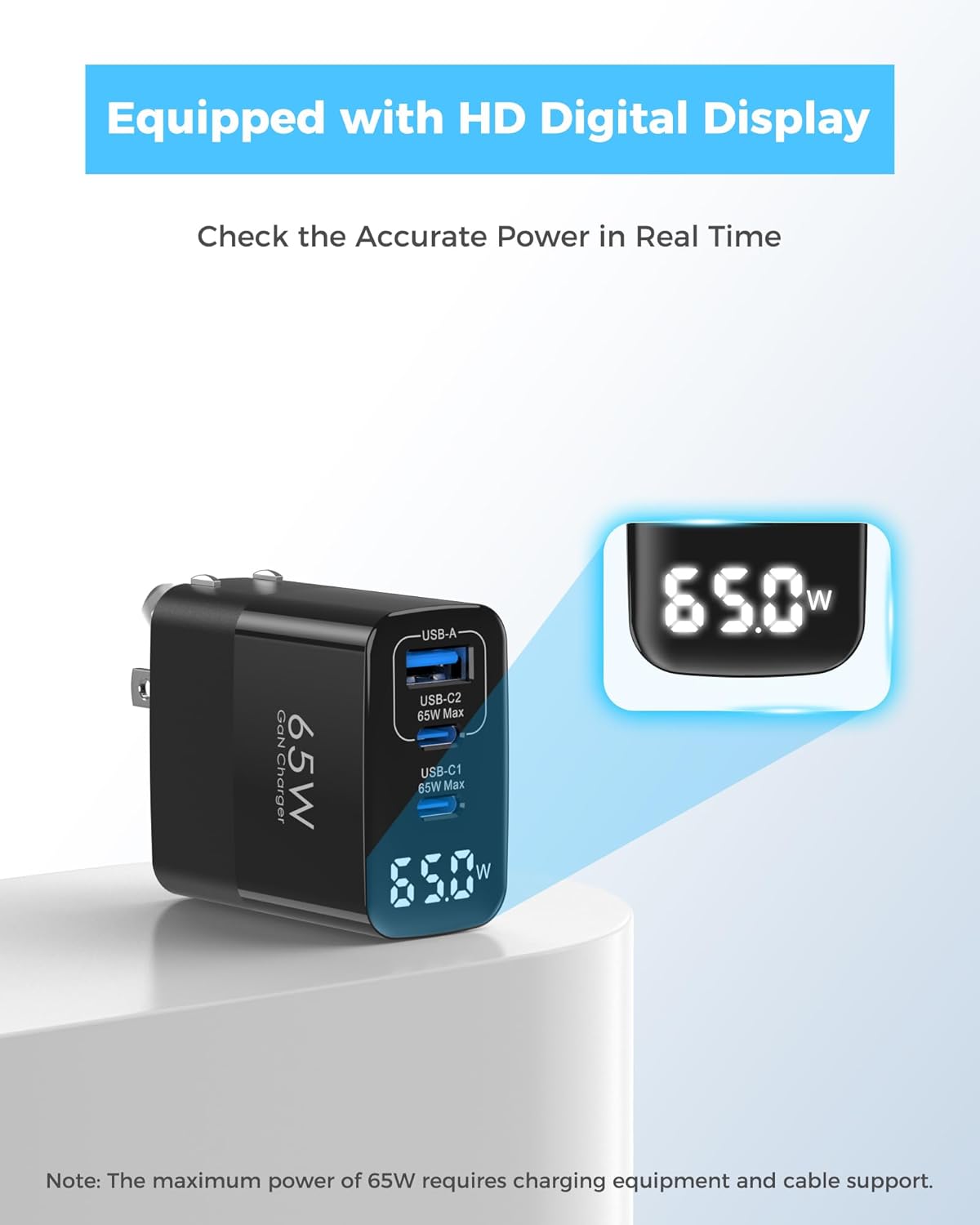 65W USB C Charger Block with Led Display, 3 Ports GaN Wall Charger Foldable Compact Type C Fast Charging for MacBook iPad Pro/Air, iPhone 17/16 Pro/Pro Max, for Samsung Galaxy S25/S24, Black