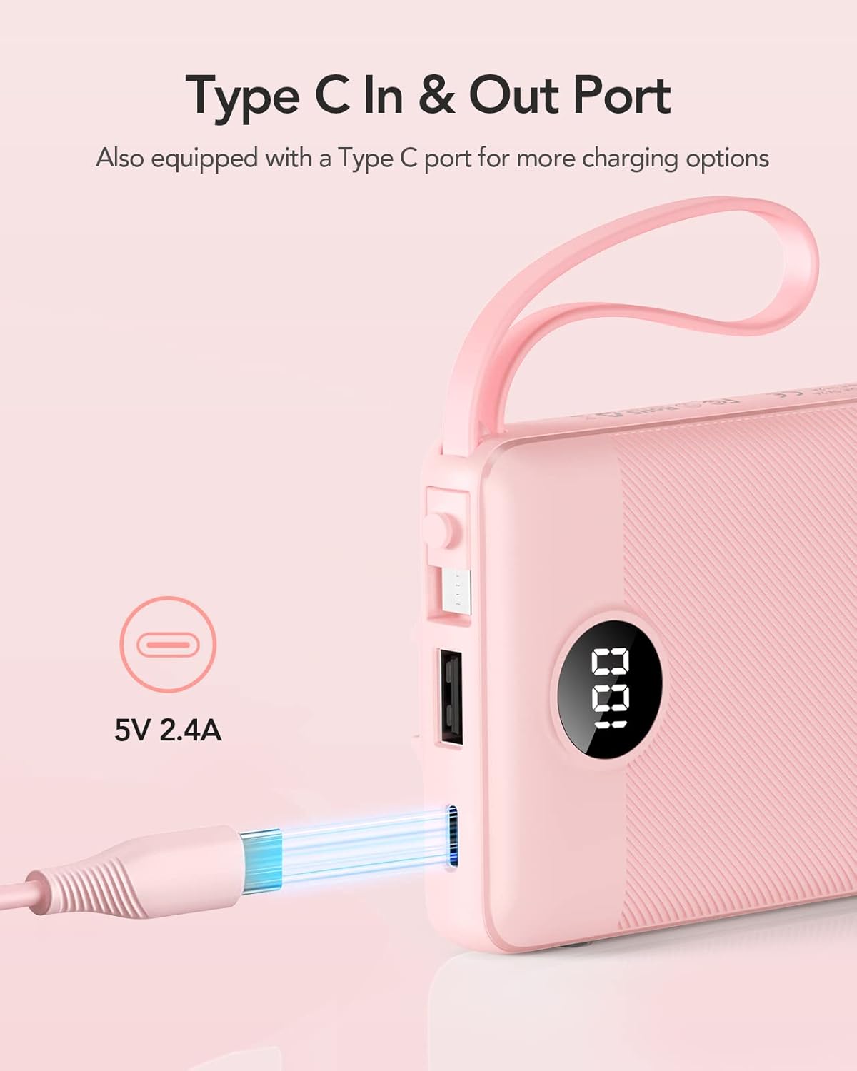VRURC Portable Charger Power Bank, Built-in 4 Cables & 2 Ports,10000mAh Slim Battery Pack with LED Display, Travel Essential USB C Portable Phone Charger for All Cell Phones Devices-Pink(1 Pack)