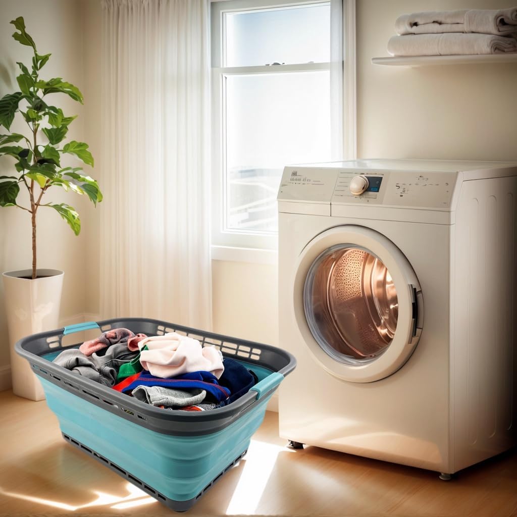 SAMMART 42L (11 Galloons) Collapsible Plastic Laundry Basket - Foldable Pop Up Storage Container/Organizer - Portable Washing Tub - Space Saving Hamper/Basket[BPA Free] (Grey/Crystal Blue (Set of 2))