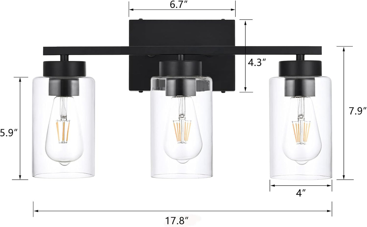 3-Light Bathroom Vanity Light, Modern Black Wall Lights with Clear Glass Shades, Bathroom Wall Sconce Lamp for Mirror Living Room Bedroom Hallway