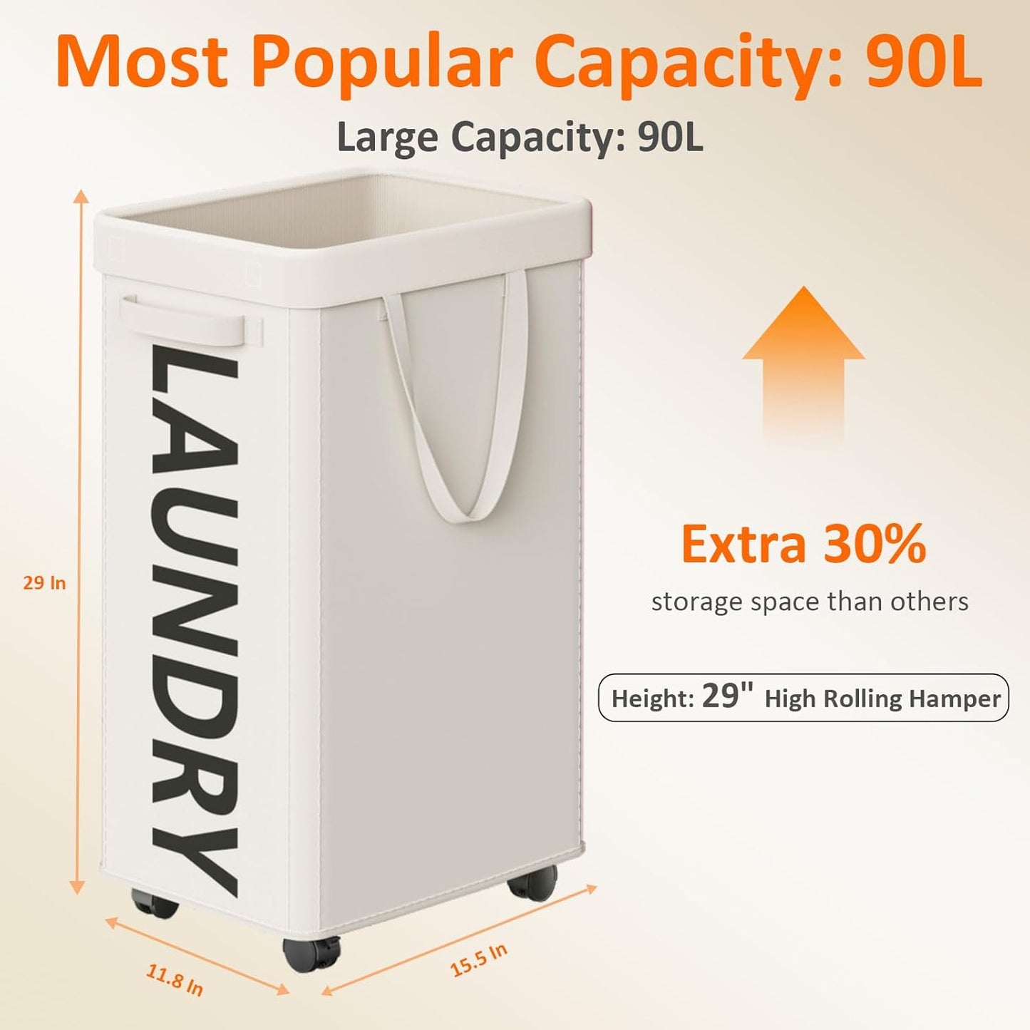 Optish Laundry Basket with Wheels, 90L Rolling Laundry Hamper with Wheels, Large Clothes Hamper on Wheel with Removable Mesh Bag for Bedroom, Bathroom, Dorm, White