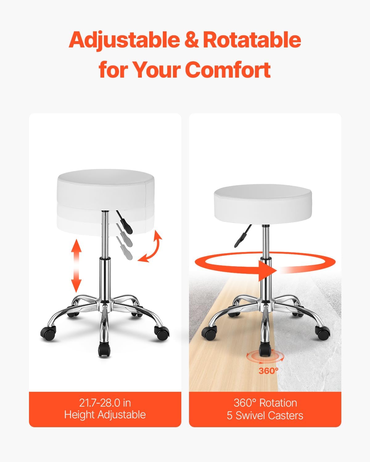 VEVOR Rolling Stool with Wheels, 450 LBS Weight Capacity Round Rolling Stool Chair, Height Adjustable Thickened PU Leather Swivel Stool for Salon, Spa, Massage, Tattoo, Clinic, White
