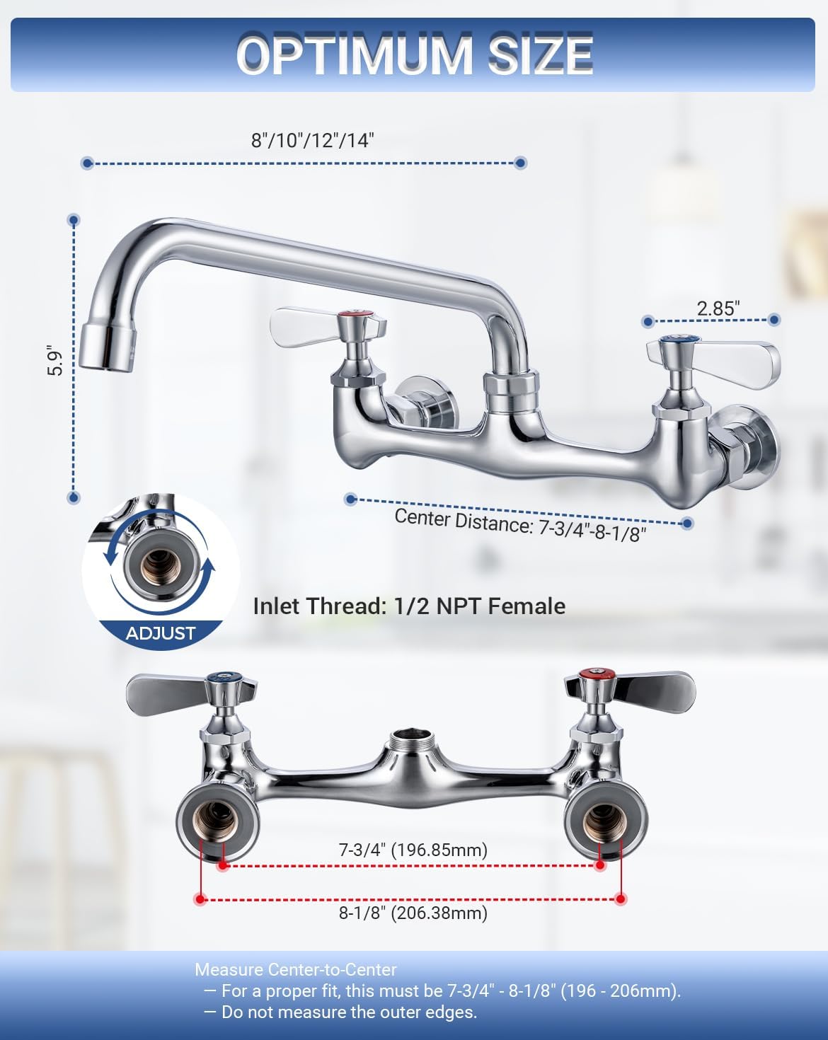 8 Inch Center Wall Mount Commercial Sink Faucet - 8" Swivel Spout Utility Faucet, Dual Handle Chrome Brass for Restaurant/Laundry/Utility Room Kitchen Sinks