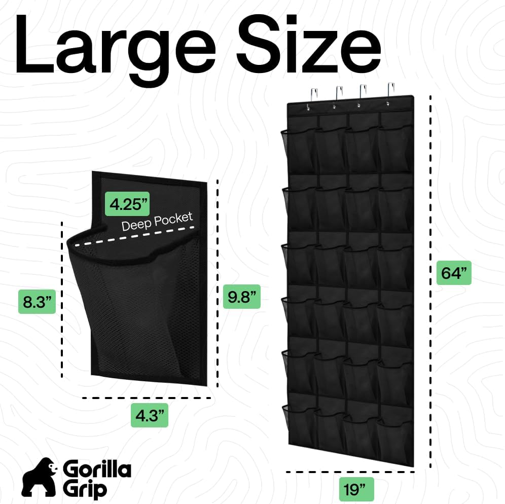 GORILLA GRIP Over the Door Shoe Organizer, 24 Large Breathable Mesh Pockets, Space Saving Hanging Storage Holder, Closet Rack Hanger Holds Up to 40 lbs, Hangs on Closets for Shoes, Accessories, Black