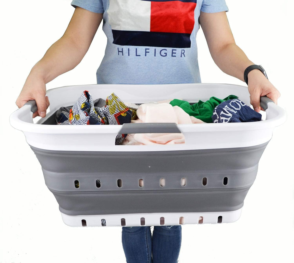 SAMMART 42L (11 gallon) Collapsible Plastic Laundry Basket - Foldable Pop Up Storage Container/Organizer - Portable Basket - Space Saving Hamper/Basket (2, White/Dark Grey)