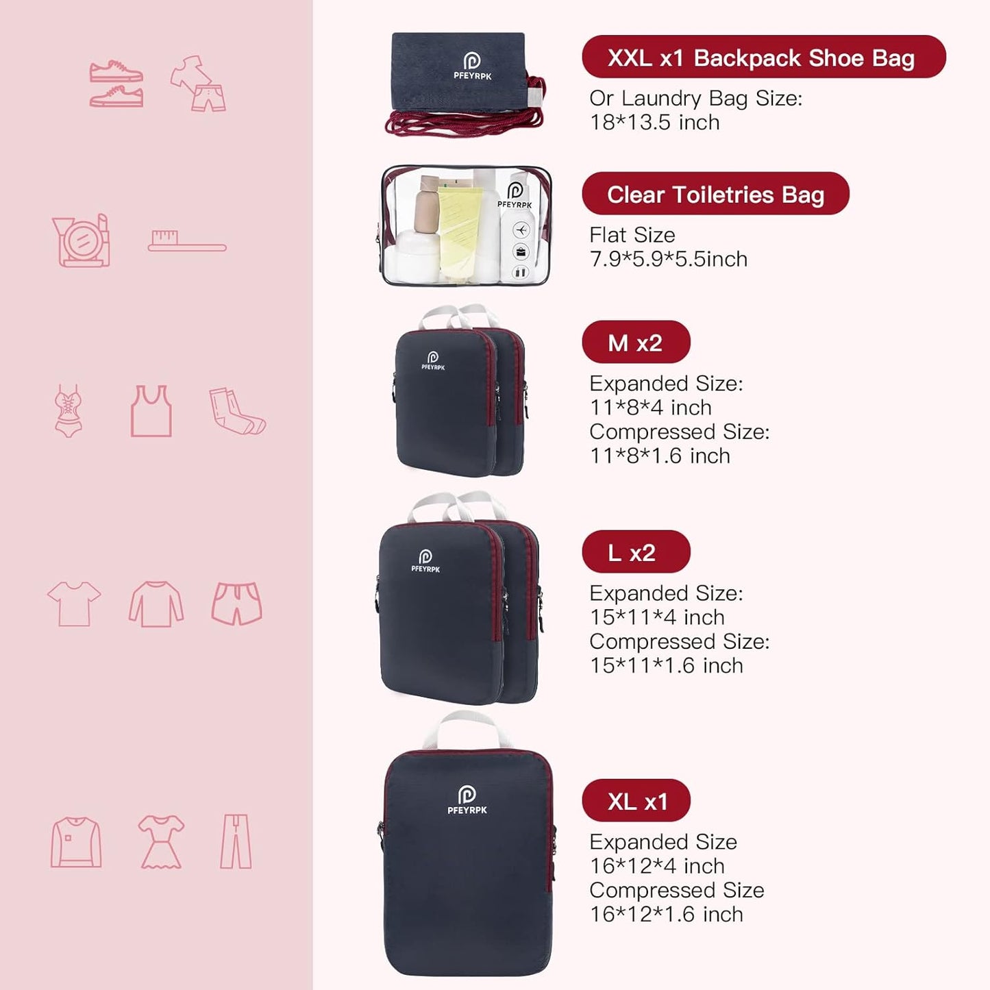 PFEYRPK Lightweight Compression Packing Cubes for Suitcases, Compressible Expandable Travel Packing Organizer with Clear Toiletries and Backpack Bag, Travel Essentials for Carry on Luggage 7 Set