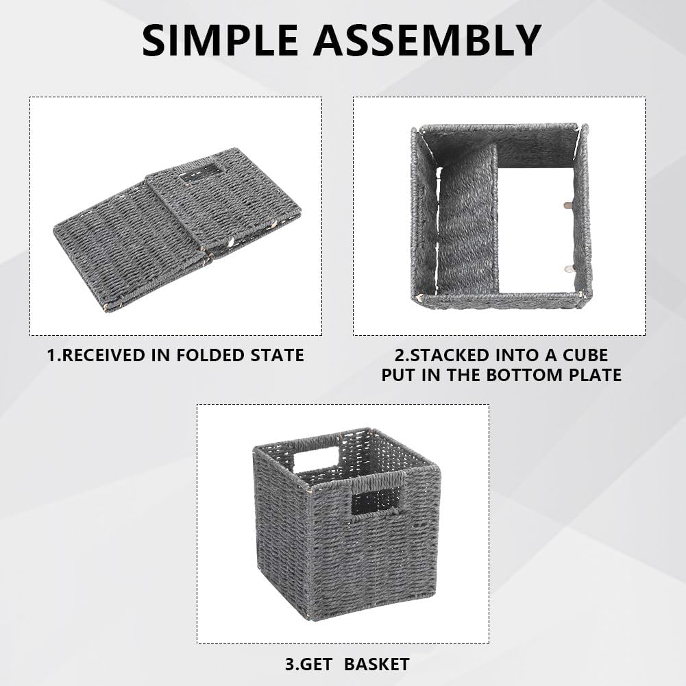 6 Pack 8.7 Inch Wicker Baskets, Paper Rope Storage Baskets | Foldable Cube Storage Bins Organizer Square Wicker Cubes for Shelves Pantry Organizing & Decor (Gray)