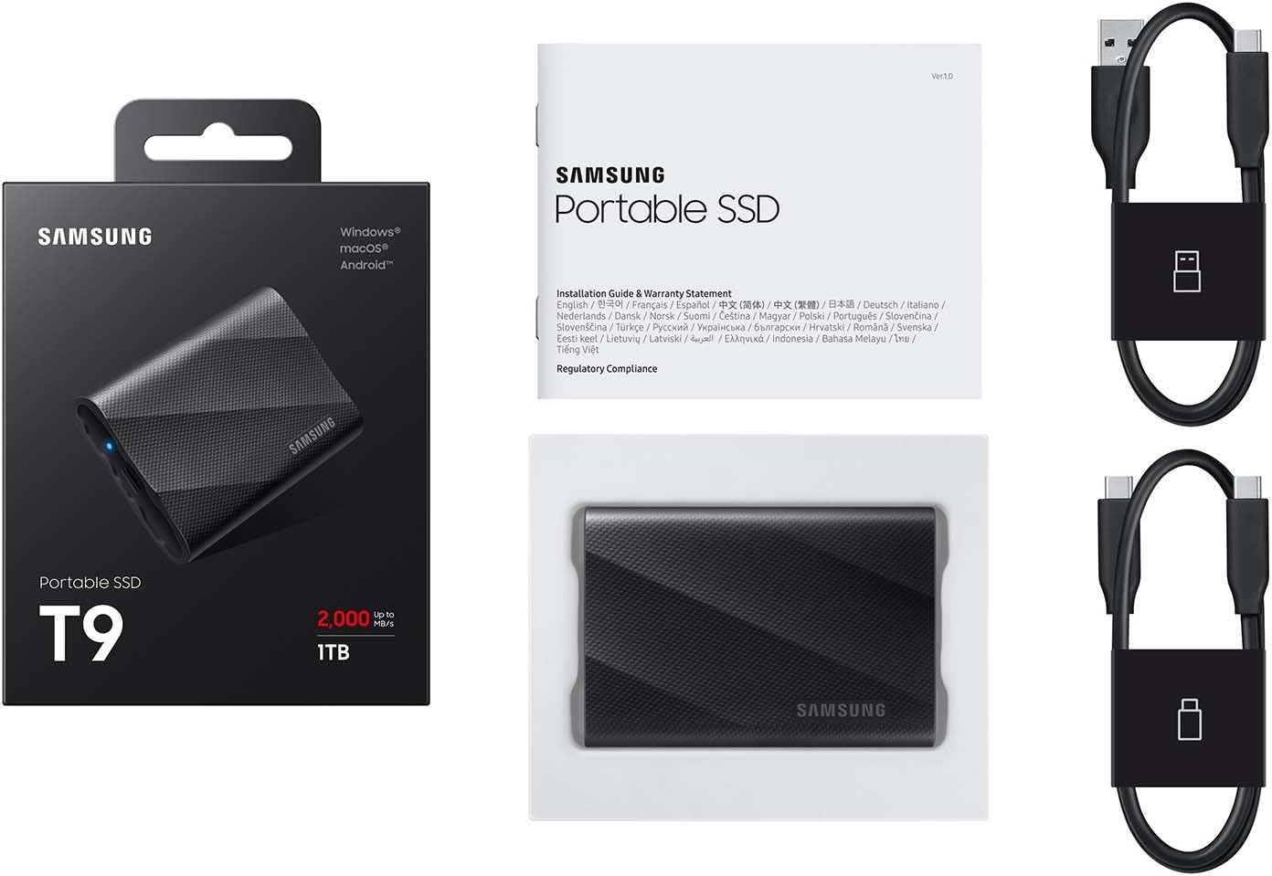 Samsung T9 Portable SSD 1TB, USB 3.2 Gen 2x2 External Solid State Drive, Seq. Read Speeds Up to 2,000MB/s for Gaming, Students and Professionals, MU-PG1T0B/AM, Black