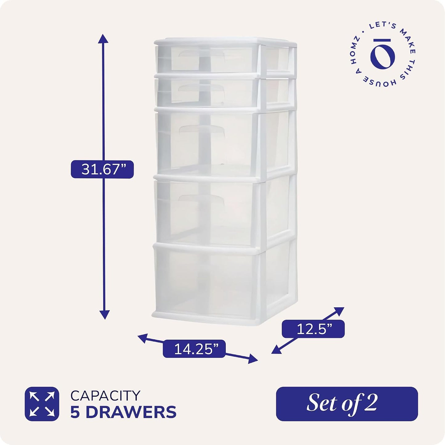 HOMZ 2-Pack Drawer Tower, 5-Tier Clear Plastic Storage Organizer Unit, White Frame - Multi-Purpose Container Drawers for Kitchen, Bathroom, and Office Organization