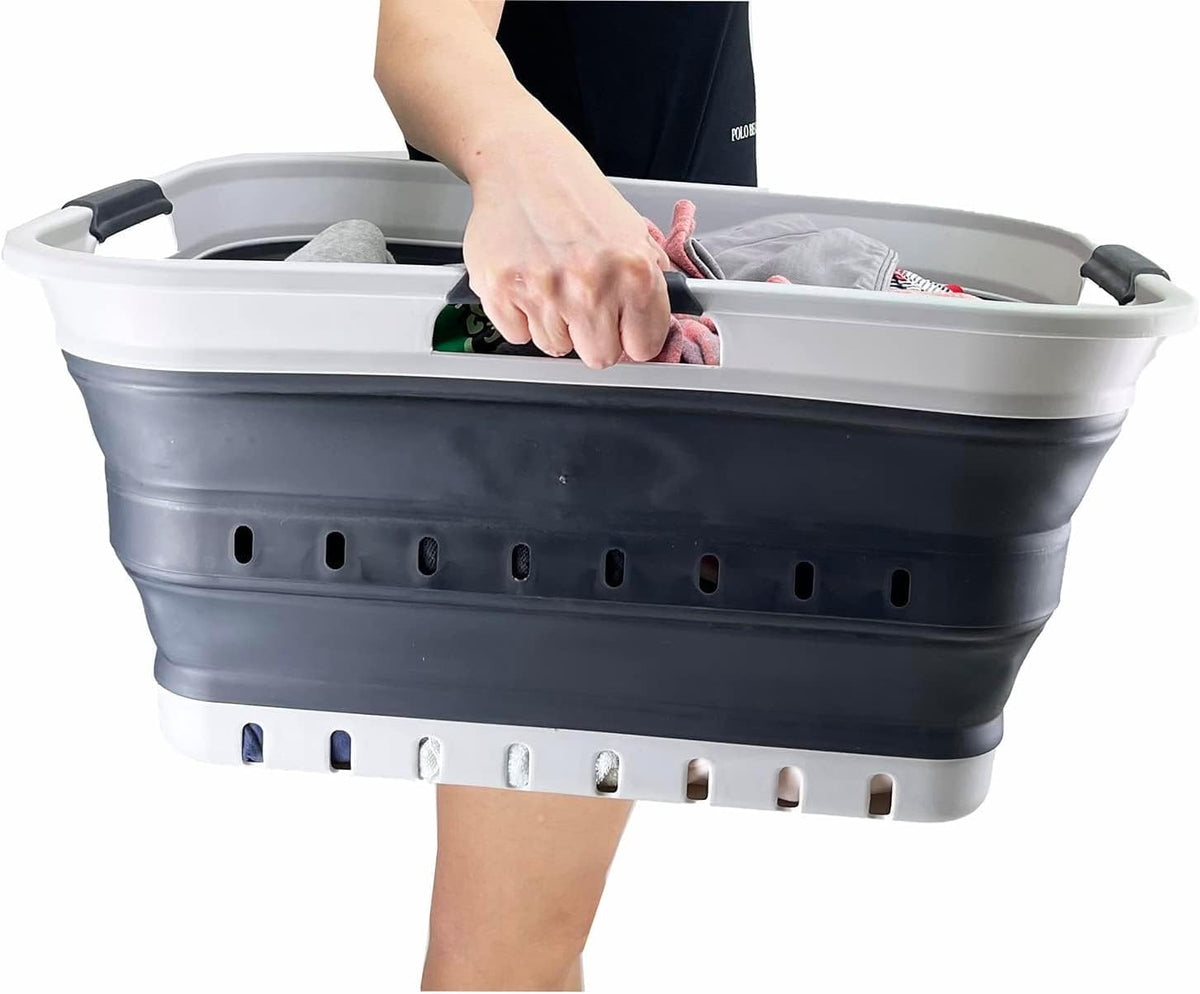 SAMMART 42L (11 gallon) Collapsible Plastic Laundry Basket - Foldable Pop Up Storage Container/Organizer - Portable Basket - Space Saving Hamper/Basket (Grey/Charcoal Black (Set of 2))