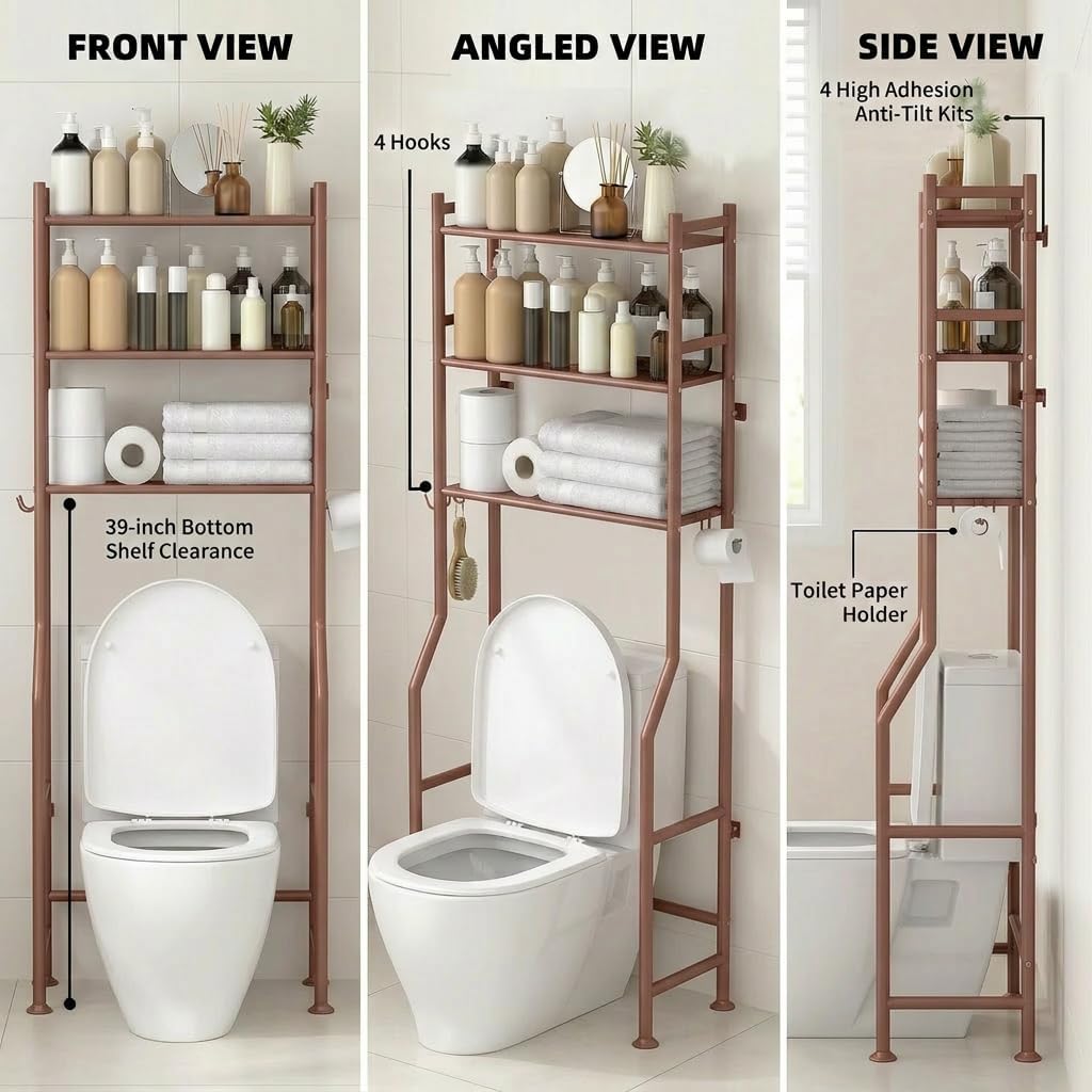 GloTika 3-Tier Over Toilet Storage with Anti-Tilt Safety System - 150lb Total Capacity Metal Bathroom Shelves Including Paper Holder & 4 Hooks, Space Saving Above Commode Organizer (64" H, Bronze)