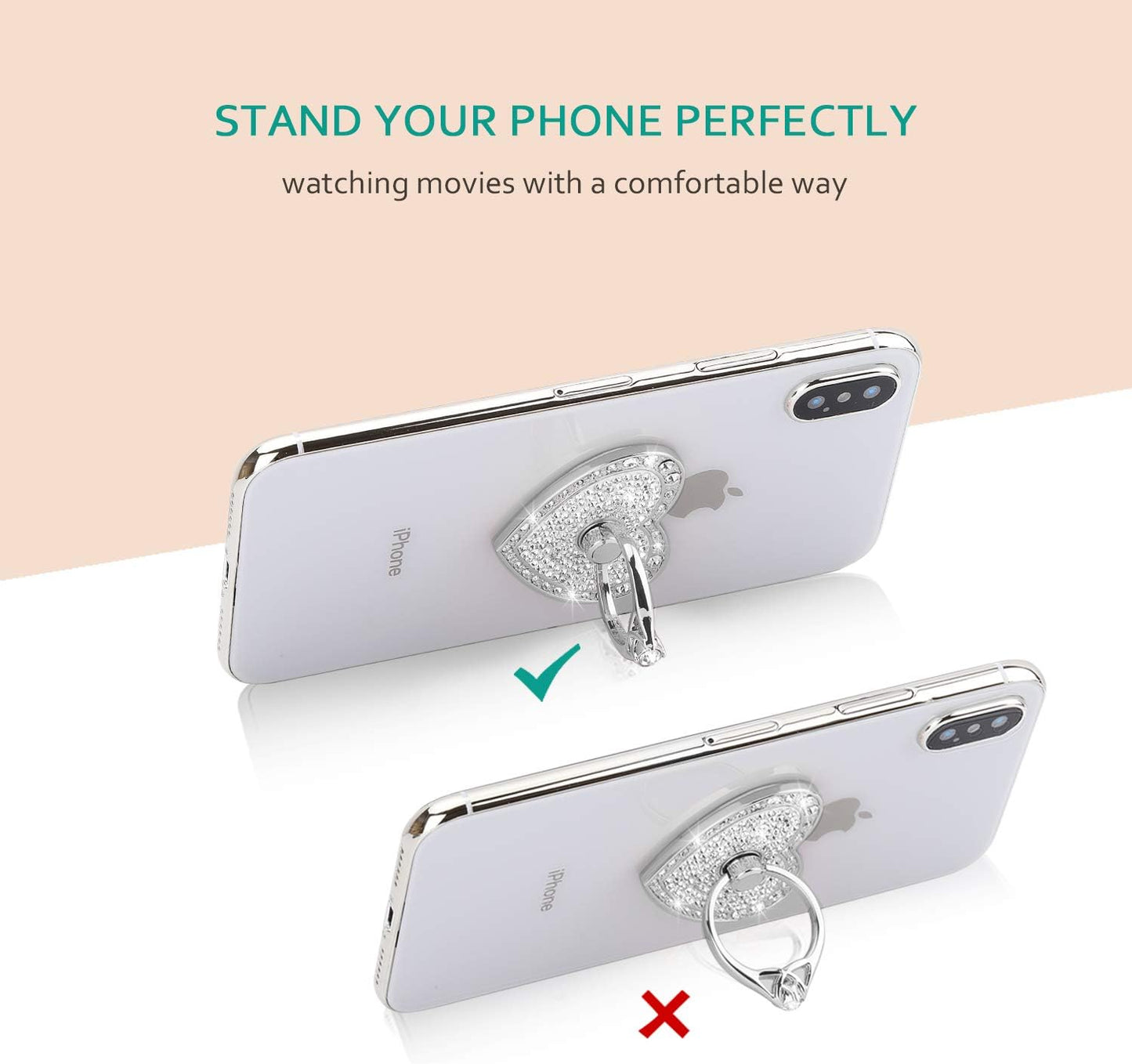 Cell Phone Finger Ring Stand with Sparkly Diamond, Nsiucion Heart Phone Ring Kickstand Holder [Washable] [Removable], 360°Rotation Zinc Alloy Ring Grip Stand for All Phones and Tablets (Silver)