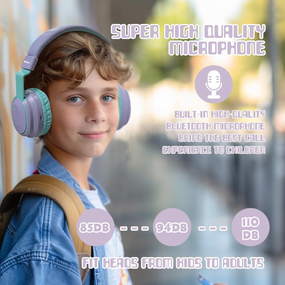 Mokata Kids Headphones Bluetooth 5.3 Wireless Lightweight Fast Charging 68 Hours Play Time Volume Limited 85/94dB Over Ear Foldable with Built-in Mic for Toddler Tablet Pad Light Purple