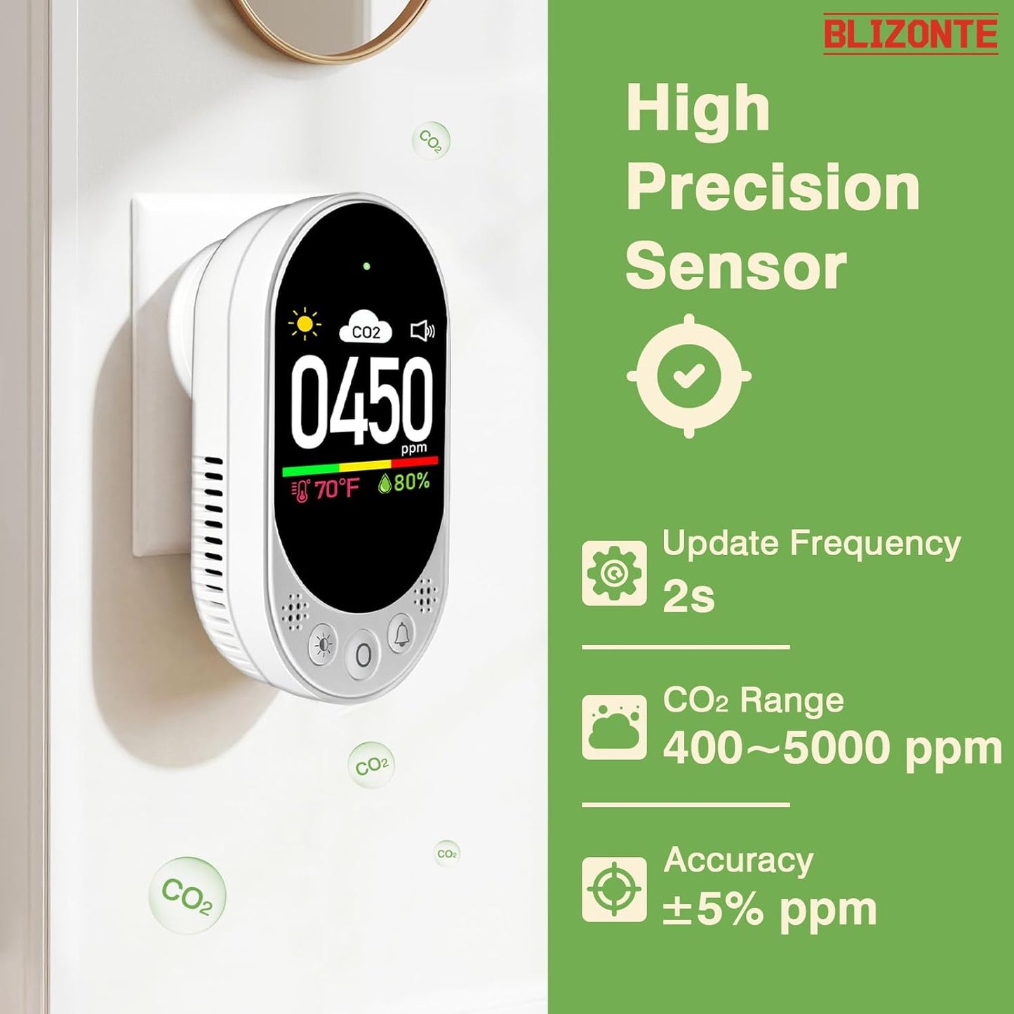 Indoor Air Quality Meters Plug-in Wall, 3-in-1 Air Detector(CO2,Temp and Humidity), Supports Manual Calibration&Customizable Thresholds, Visual & Audible Reminder, for Homes, Offices 1Pack