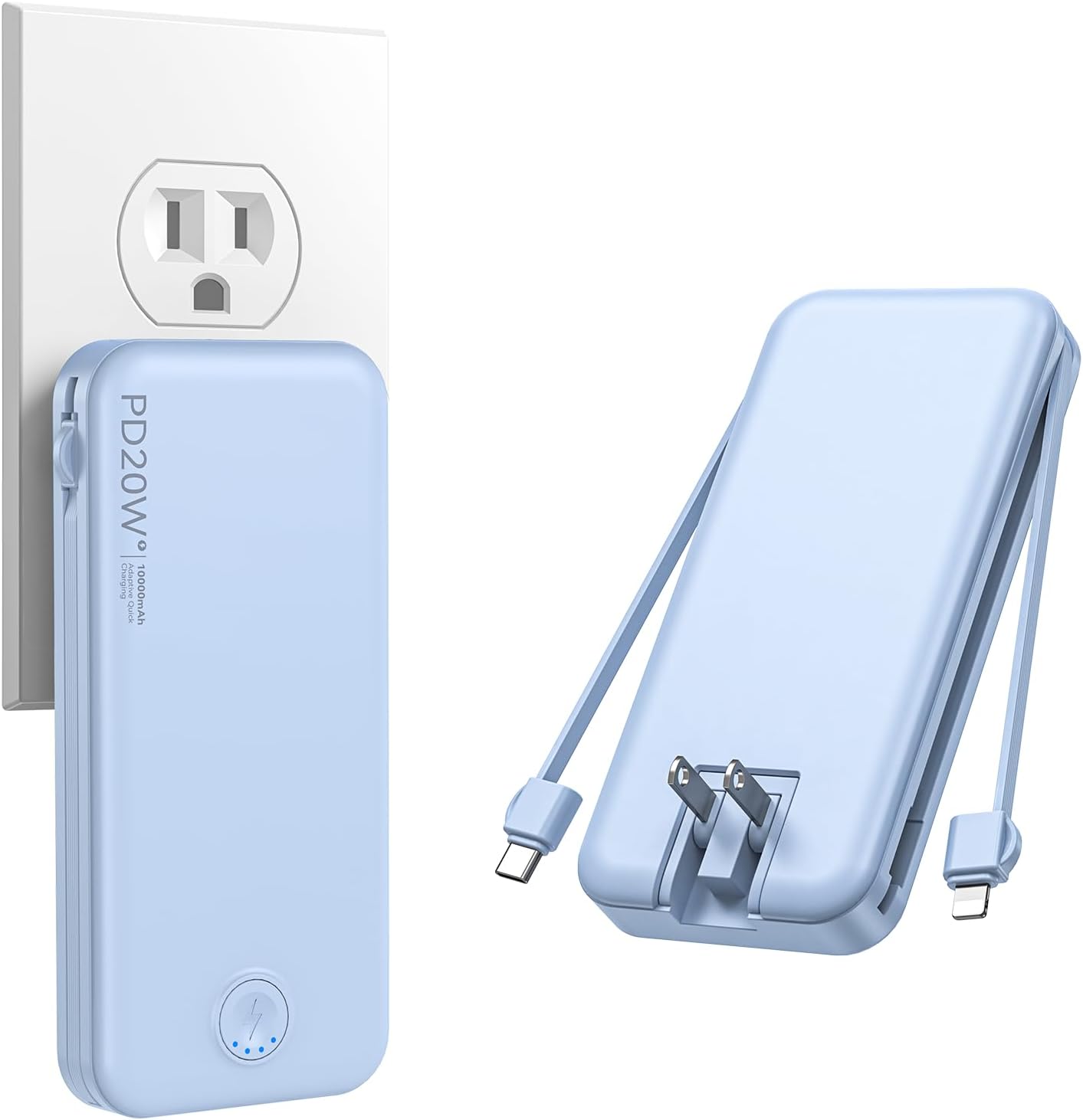 Nusyddy Portable Charger, 10000mAh PD20W Fast Charging Power Bank with Built-in Cables & Wall Plug, Travel Essentials External Battery Pack, USB C Battery Phone Charger for iPhone, Samsung Light Blue
